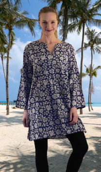 Navy Blue with White Flowers Cotton Kaftan