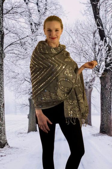 Pure Wool Grey and Beige Embellished Paisley Shawl