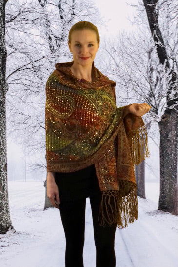 Orange Red Lime Turquoise Embellished Paisley Shawl