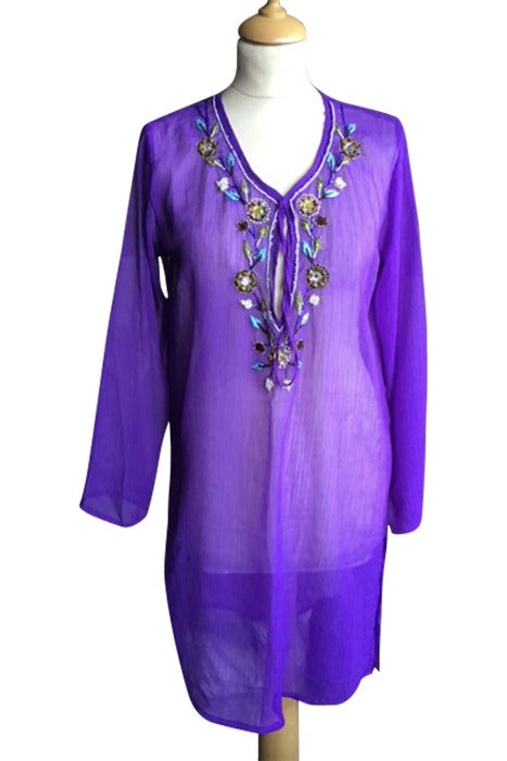 Purple Polyester Chiffon Kaftan With Beads