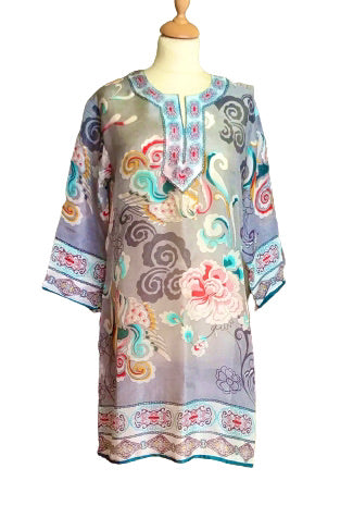 Grey Swirly Roses Silk Kaftan