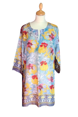 Grey with Yellow Flowers Silk Kaftan