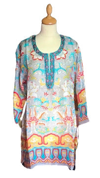 Grey Turquoise Red Silk Kaftan