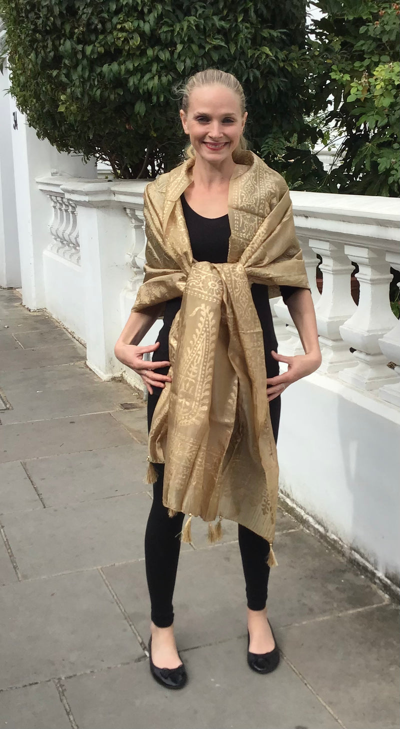 Gold Beige Stole with Gold Stamp Print