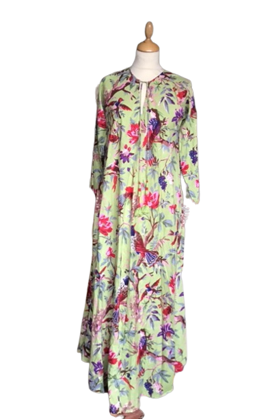 Green Print Flowers and Birds Long Cotton Kaftan