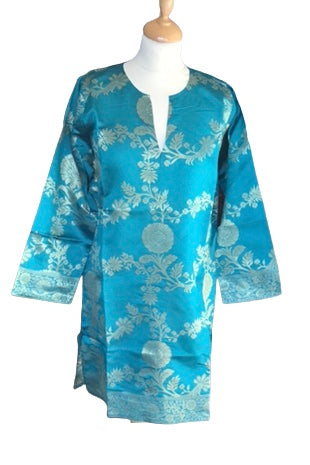Blue Floral Silky Sari Kaftan