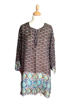 Brown Circles with Turquoise Border Silk Kaftan